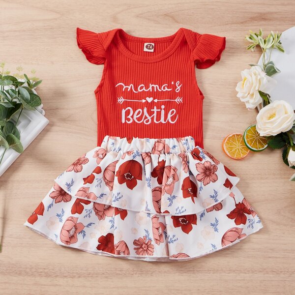 

Baby Girl Ruffle Trim Bodysuit & Floral Skirt, Red and white