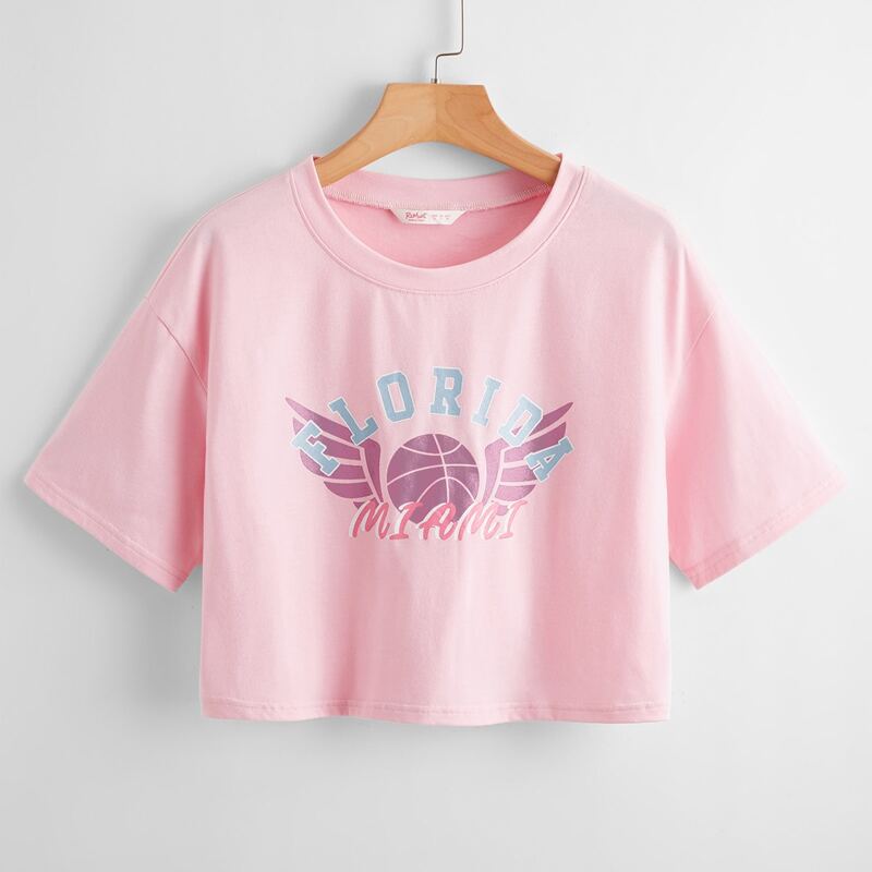 

Letter Wings & Basketball Graphic Crop Tee, Baby pink