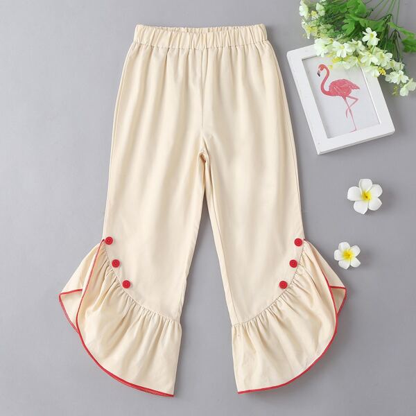 

Toddler Girls Button Ruffle Hem Pants, Beige