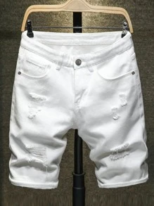 Manfinity 男士破洞百慕大牛仔短褲 - 白色 - 查看 1