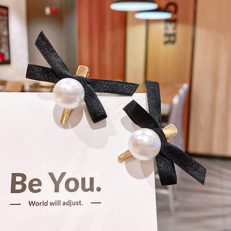 

2pcs Faux Pearl Bow Hair Clip, Black