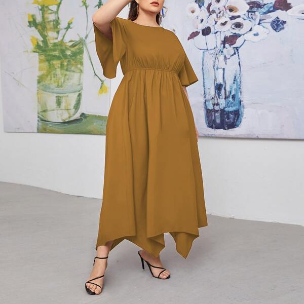 

Plus Solid Asymmetrical Hem A-line Dress, Mustard yellow