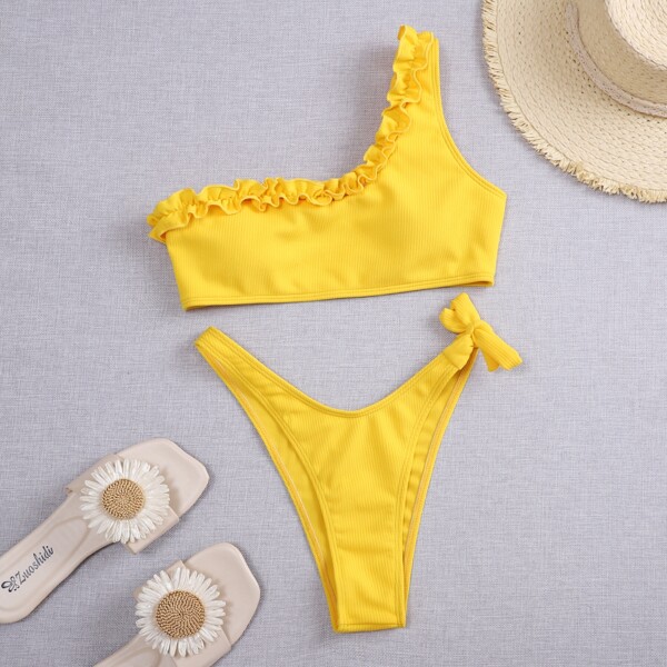 

Rib Frill One Shoulder Bikini Swimsuit, Yellow