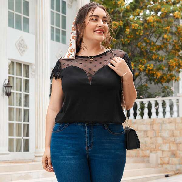 

Plus Lace Yoke Solid Top, Black