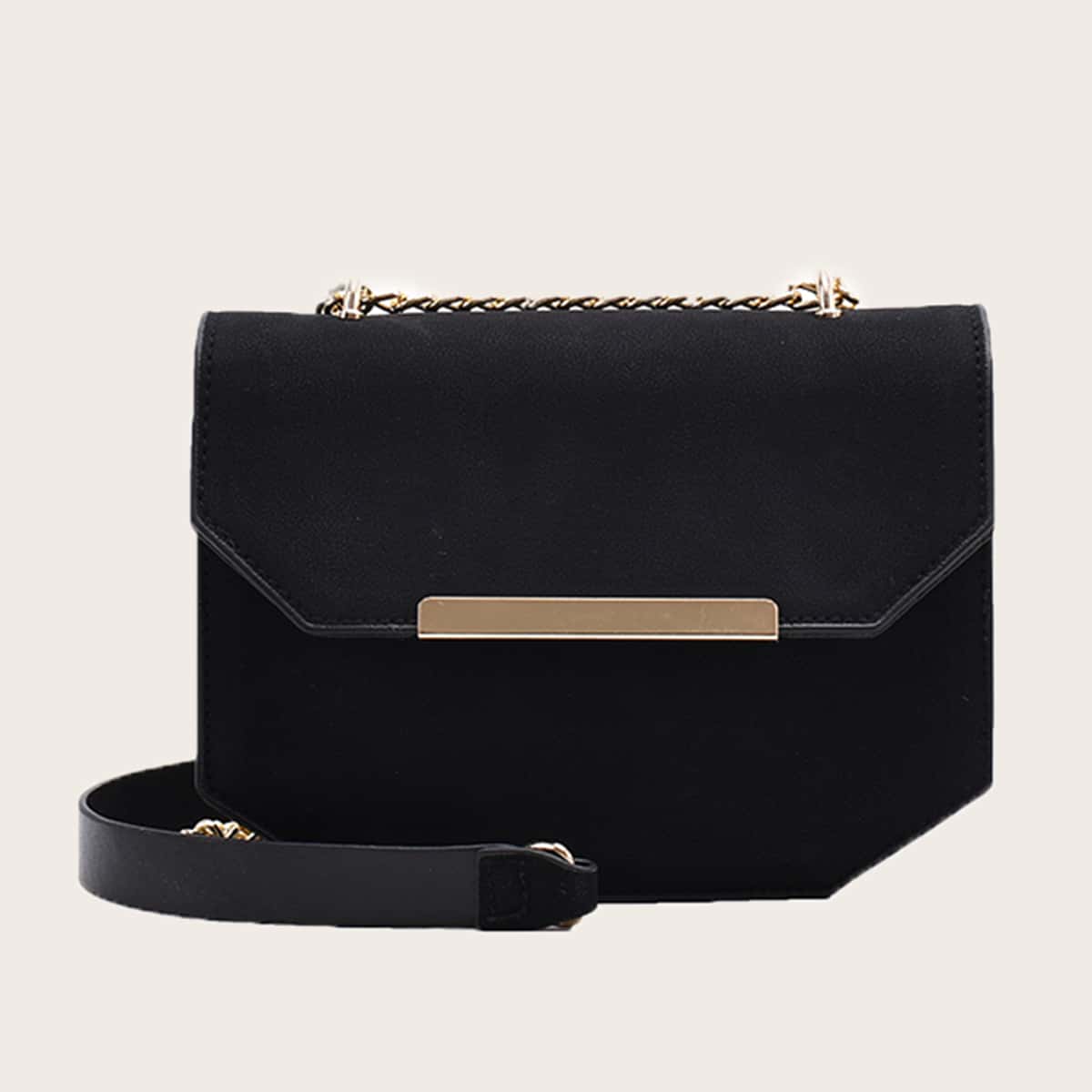 

Solid Geometric Flap Bag, Black