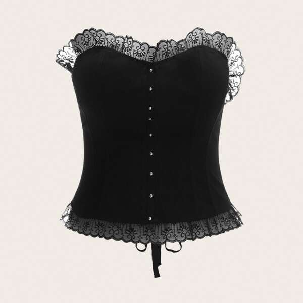 

Plus Lace Trimed Lace Up Back Tube Top, Black