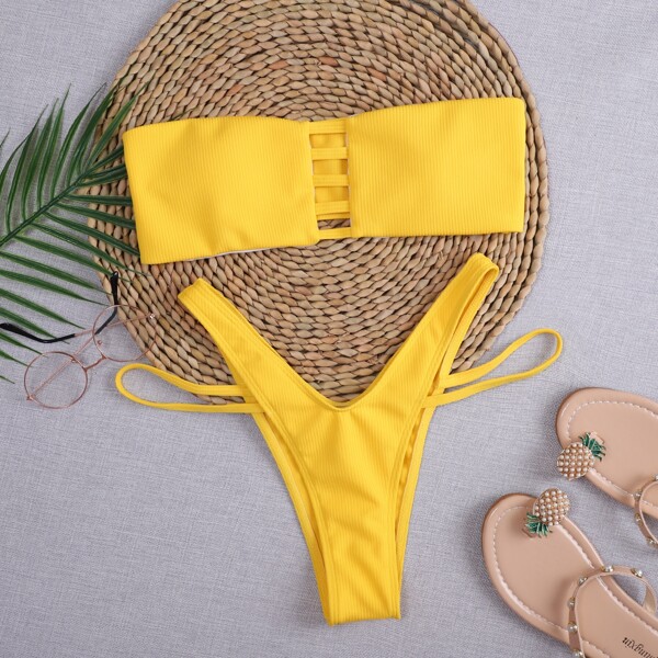 

Rib Cut-out Bandeau High Cut Bikini Swimsuit, Yellow