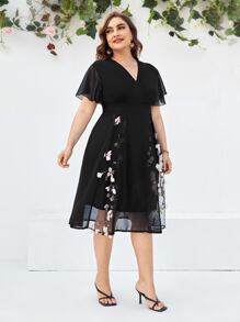 SHEIN LUNE Plus Chiffon Plants Embroidered Appliques Midi Dress - Black - View 1