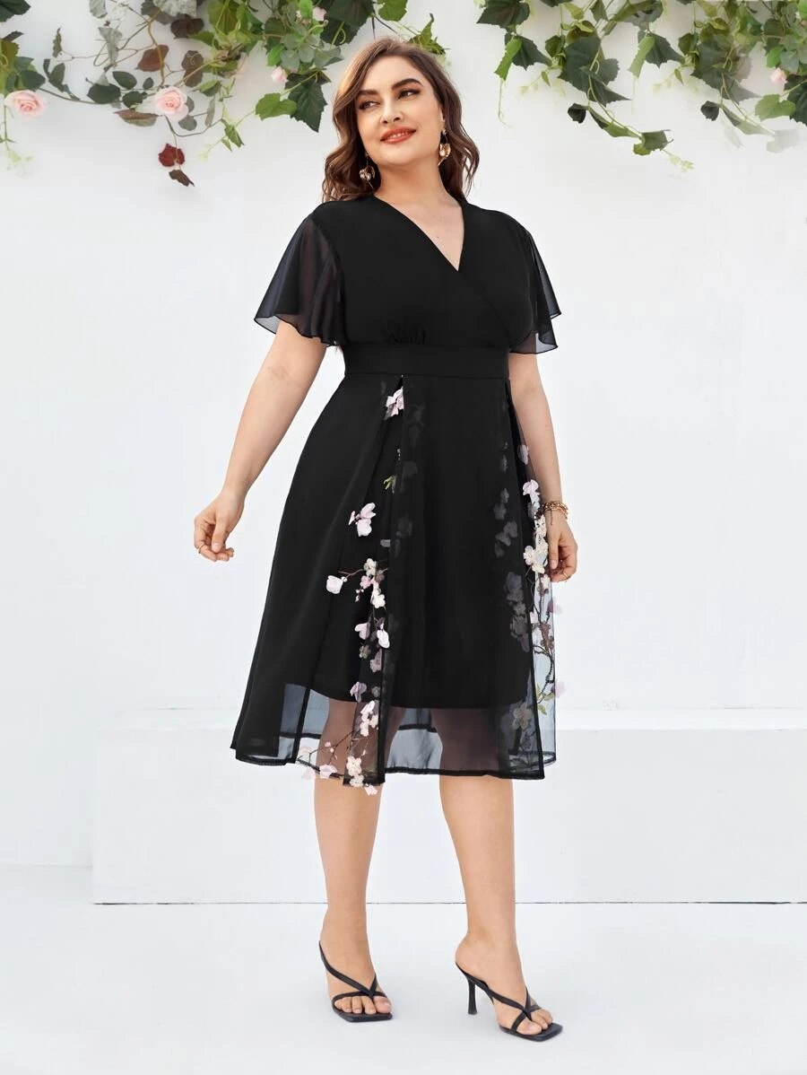 SHEIN LUNE Plus Chiffon Plants Embroidered Appliques Midi Dress - Black - View 1