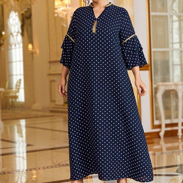

Plus Polka Dot Tassel Trim Dress, Navy blue