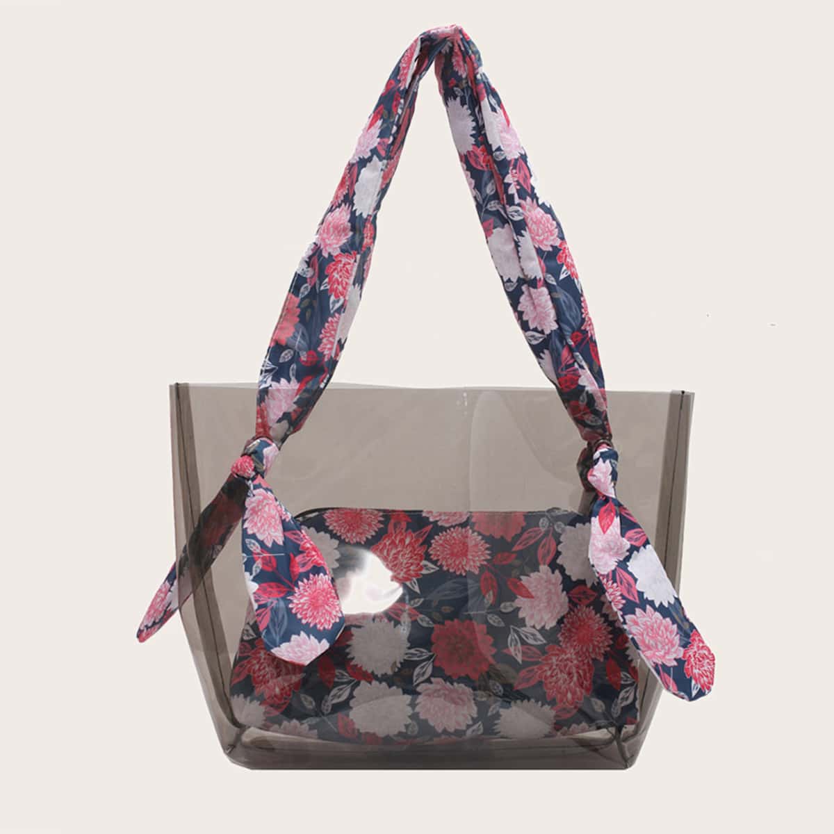 

Floral Strap Clear Tote Bag, Grey