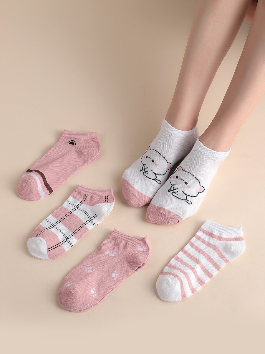 5pairs Striped Print Pink Ankle Socks - Multicolor - View 1
