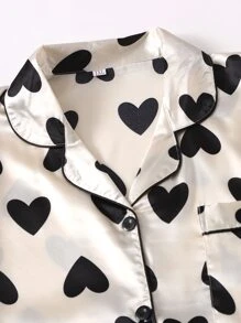 Plus Allover Heart Print Satin Pyjama Set - Apricot - View 3