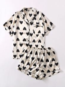 Plus Allover Heart Print Satin Pyjama Set - Apricot - View 4