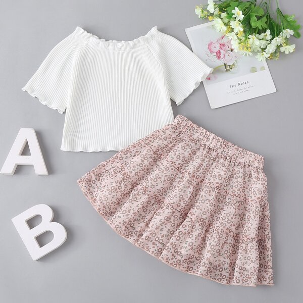 

Toddler Girls Ribbed Lettuce Trim Tee & Floral Skirt, Multicolor