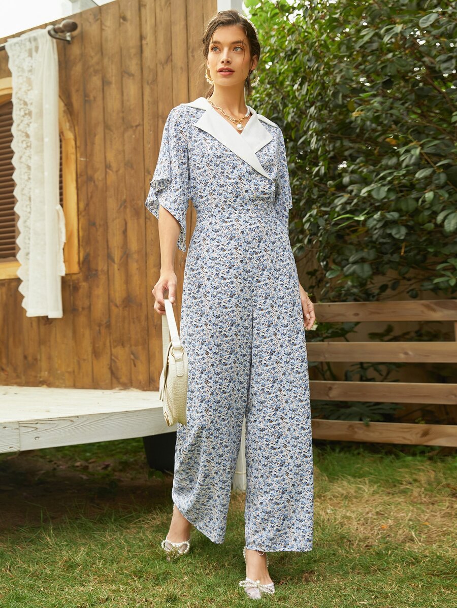 Mulvari Notch Neck Butterfly Sleeve Ditsy Floral Jumpsuit - Multicolor - View 1