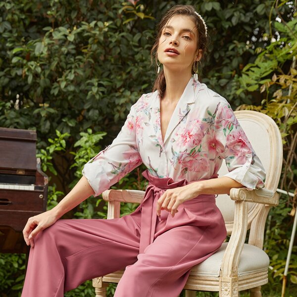 

Notched Collar Floral Print Blouse, Multicolor