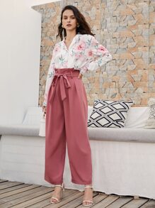 SHEIN Paperbag Waist Trousers - Dusty Pink - View 5