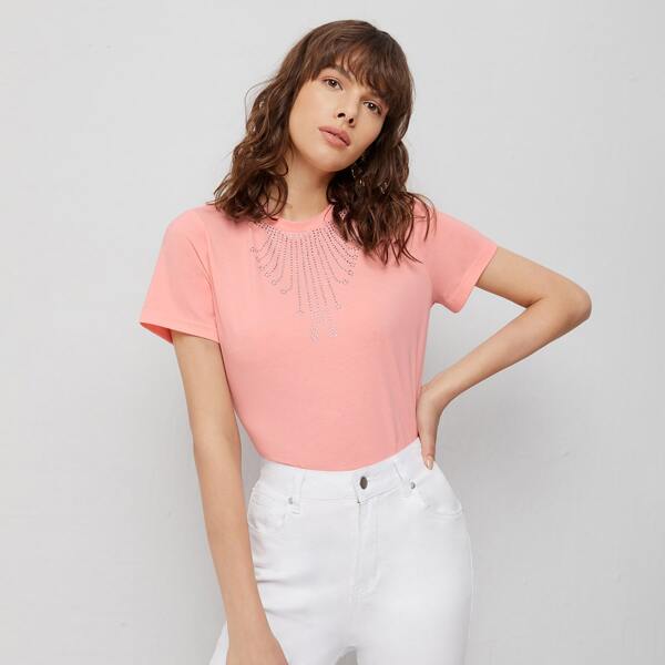 

Rhinestone Detail Tee, Coral pink
