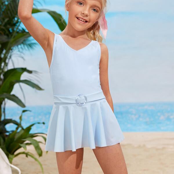 

Girls Belted Ruffle One Piece Swimsuit, Baby blue