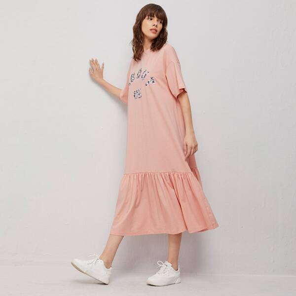 

Drop Shoulder Letter Graphic Smock Dress, Baby pink