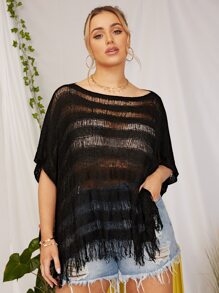 Plus Fringe Hem Open Stitch Cover Up - Black - View 1