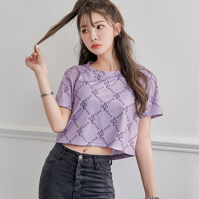 

Letter & Argyle Print Crop Tee, Lilac purple