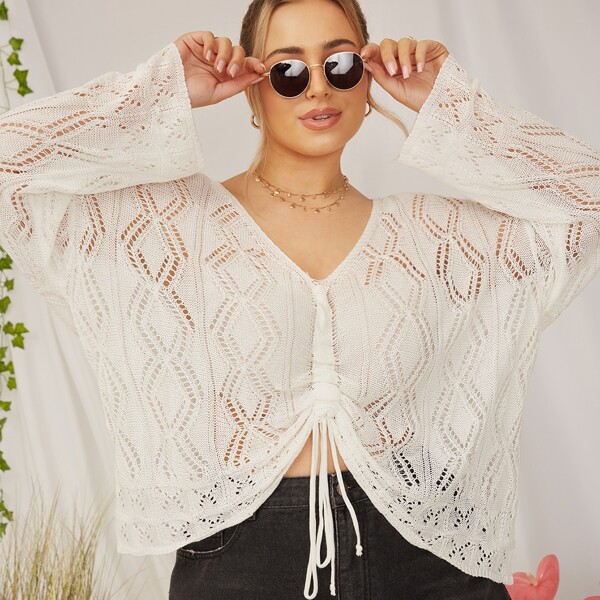 

Plus Drawstring Front Knitted Cover Up, White