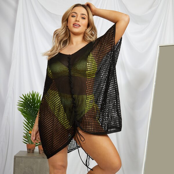 

Plus Hollow Out Lace-up Cover Up, Black