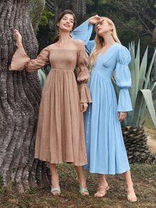 Mulvari 1pc Off Shoulder Bell Sleeve Shirred Dress