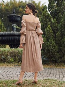 Mulvari 1pc Off Shoulder Bell Sleeve Shirred Dress
