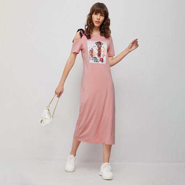 

Knotted Detail Asymmetrical Neck Figure Patched Dress, Dusty pink