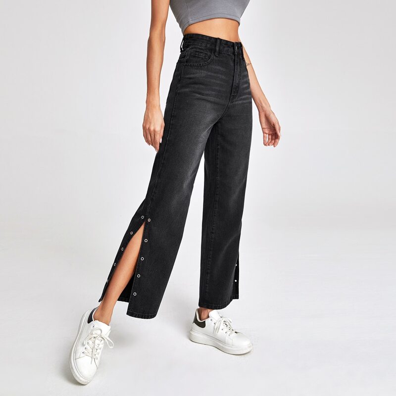 

High Waist Split Hem Wide Leg Jeans, Dark grey