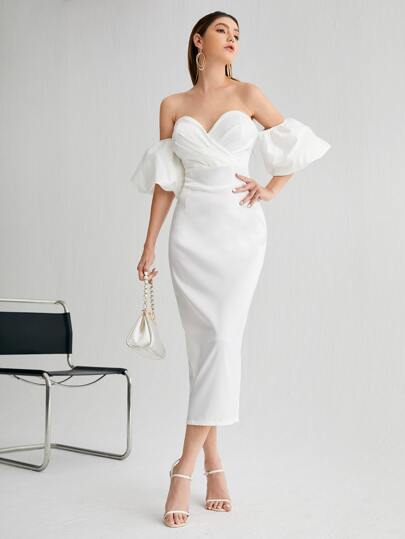 SHEIN Belle Off Shoulder Surplice Front Dress Wedding Guest Dress White Elegant Prom Semi Formal Dress, For Birthday, Graduation, Homecoming Party Dress