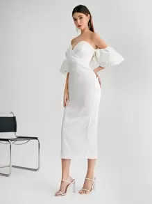 SHEIN Belle Off Shoulder Surplice Front Dress Wedding Guest Dress White Elegant Prom Semi Formal Dress, For Birthday, Graduation, Homecoming Party Dress