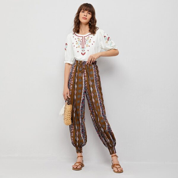 

Puff Sleeve Floral Embroidered Top & Geo Pants Set, Multicolor