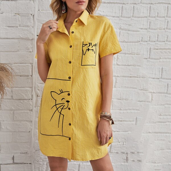 

Cartoon Cat Print Button Up Blouse, Yellow