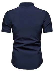 Manfinity Mode 男士素色紐扣門襟襯衫 - 藏蓝色 - 查看 2