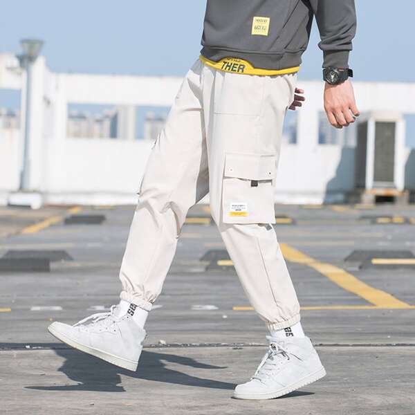 

Men Solid Buckle Flap Pocket Cargo Pants, Khaki