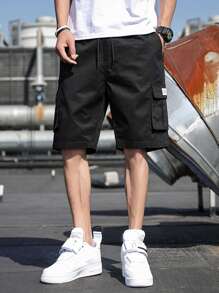 Manfinity Homme Shorts de cintura con cordón con bolsillo con solapa lateral - Negro - Ver 1