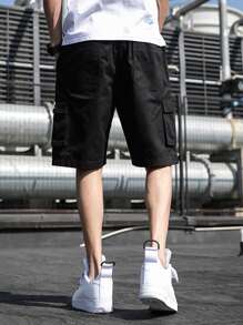 Manfinity Homme Shorts de cintura con cordón con bolsillo con solapa lateral - Negro - Ver 2