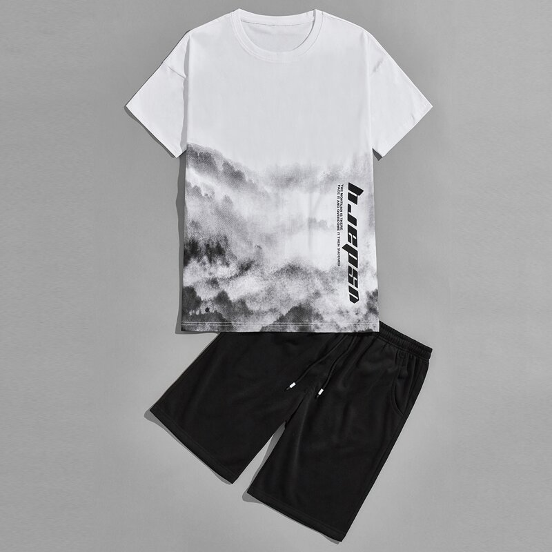 

Guys Slogan Graphic Tee With Drawstring Waist Shorts, Black and white