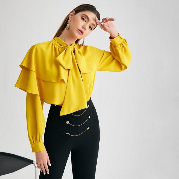 

Tie Neck Layered Foldover Front Blouse, Yellow