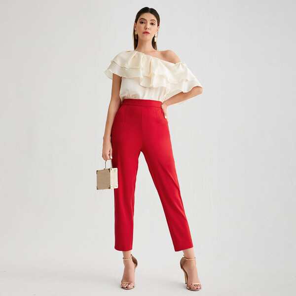 

Ruffle Trim Off Shoulder Top & Tailor Pants Set, Red and white