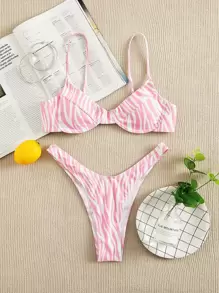 Swim Mod Conjunto de bikini con aros y estampado de cebra para playa veraniega - Rosa Pálido - Ver 1