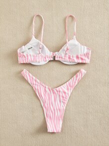 Swim Mod Conjunto de bikini con aros y estampado de cebra para playa veraniega - Rosa Pálido - Ver 2