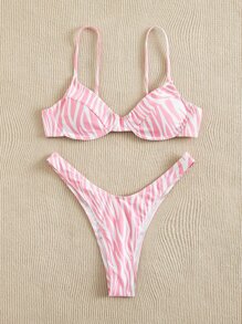 Swim Mod Conjunto de bikini con aros y estampado de cebra para playa veraniega - Rosa Pálido - Ver 5
