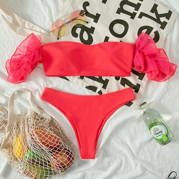 

Mesh Ruffle Sleeve Bardot Bikini Swimsuit, Watermelon pink