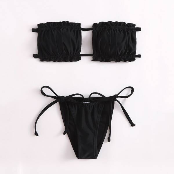 

Frill Trim Bandeau Thong Bikini Swimsuit, Black