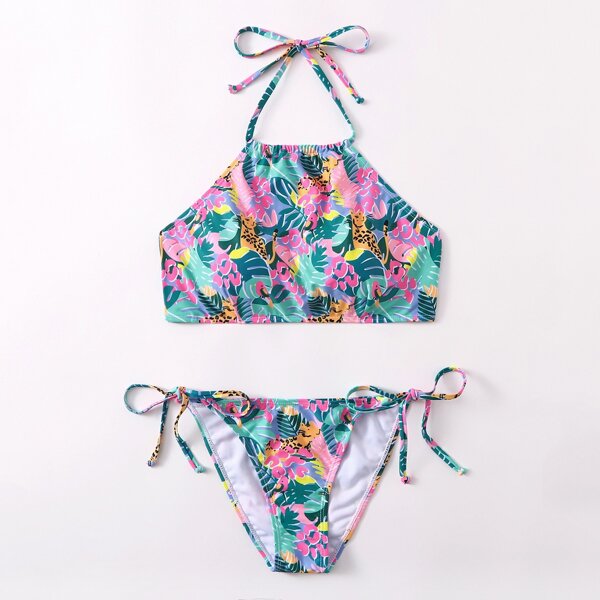 

Floral & Tropical Halter Tie Side Bikini Swimsuit, Multicolor